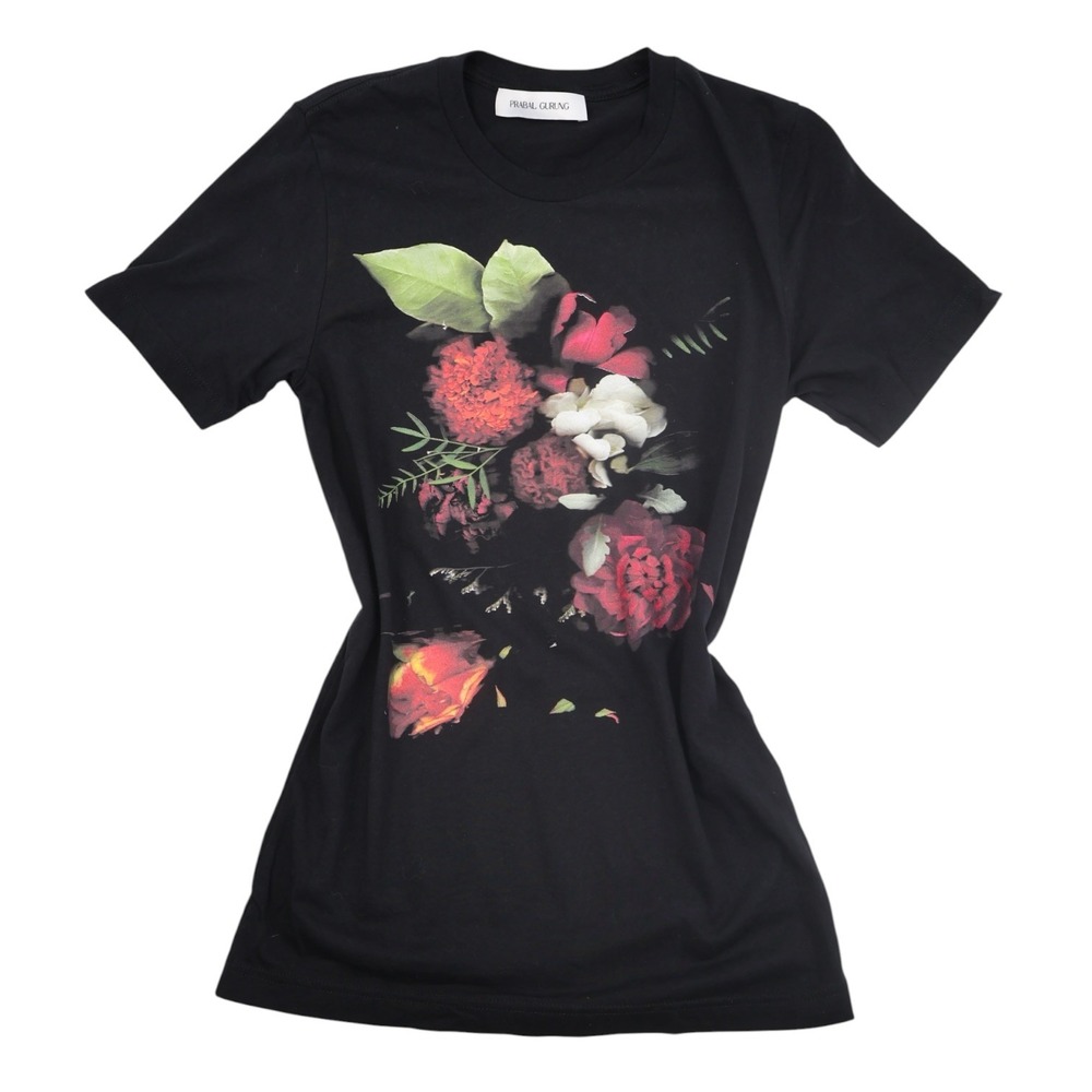 Prabal Gurung Floral Graphic Tee Black Cotton Designer T Shirt S Romantic Top